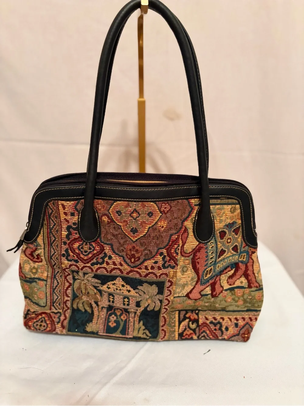 Tapestry Elephant Pattern Tote Bag - Black Trim
